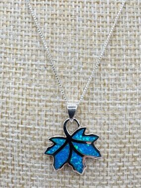 Blue Opal Leaf Sterling Silver Pendant Necklace - Hallmarked 925